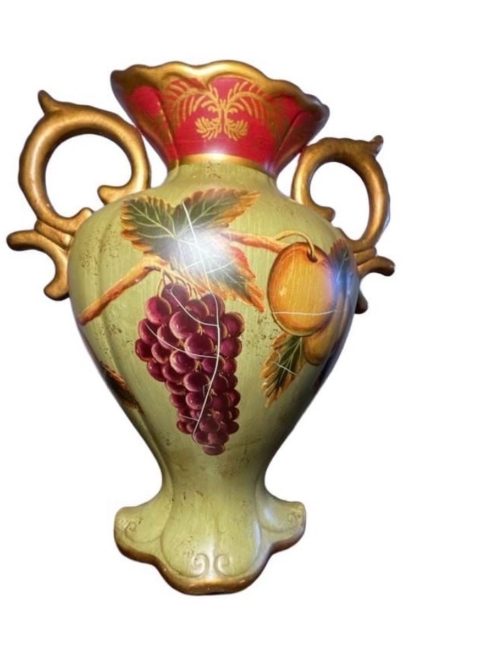 Vintage Raymond Waites Handpainted Ceramic Two-Handled Urn Vase Bird Fruit Motif